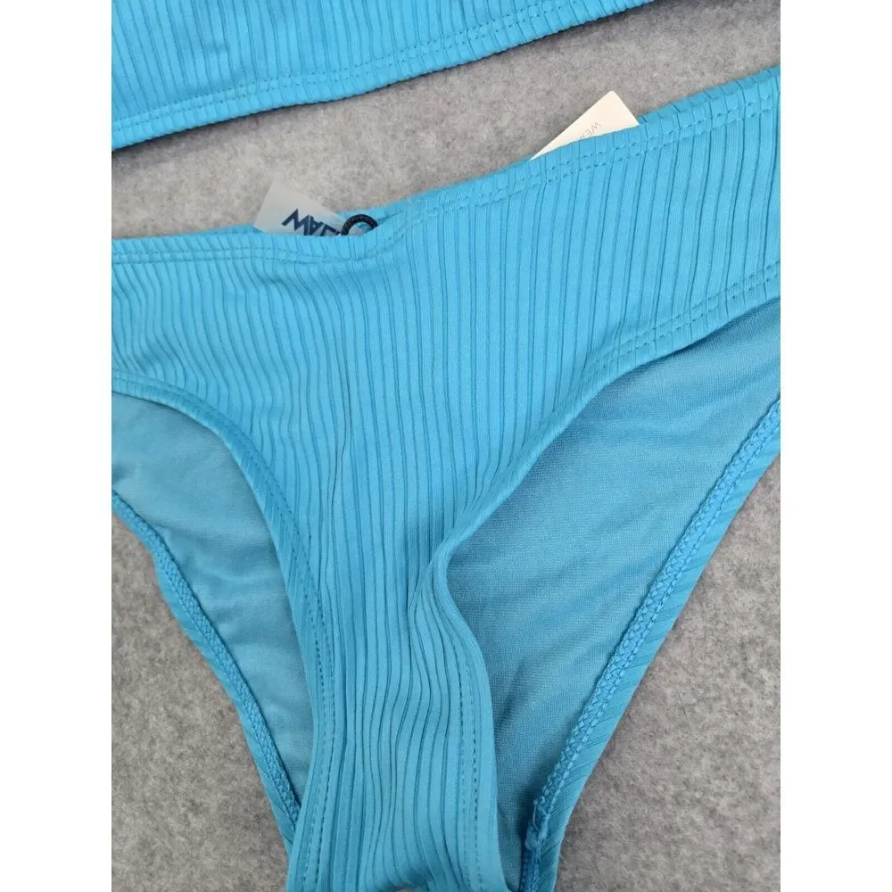 WallFlower Blue Ribbed Bikini Top‎ and Cheeky Bottoms Set UPF 50+, Womens size M - Picture 2 of 8
